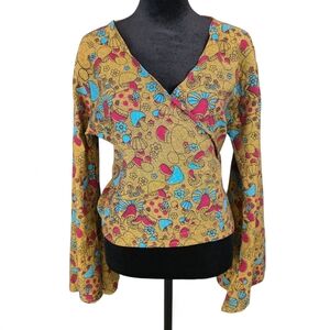 Boho Wrap Top 100% Cotton Made in Nepal Mushroom Floral Print Bell Sleeve